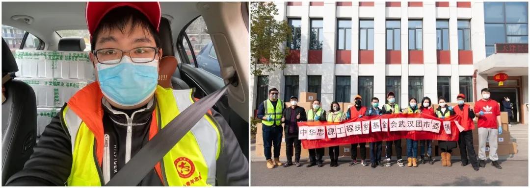 左圖：10輛轎車后座和后備箱堆滿了菜，出發送給社區；右圖：各位志愿者協助接收消毒防護物資